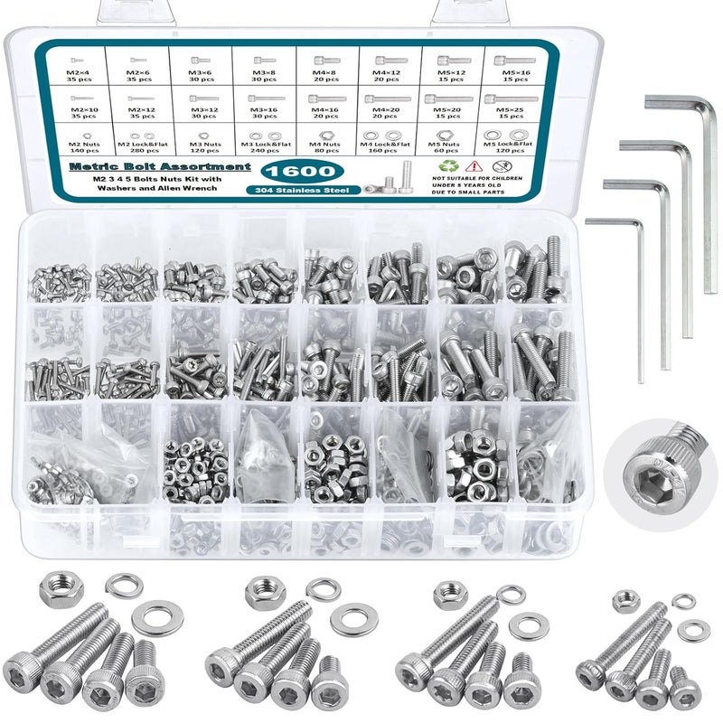 SATANTECH 1600Pcs Metric Screw Assortment,M2 M3 M4 M5 Metric Bolt Assortment,304 Stainless Steel Metric Machine Screws,Hex Socket Head Cap Screws Nuts and Bolts Assortment Kit with Flat & Lock Washers - Image 1